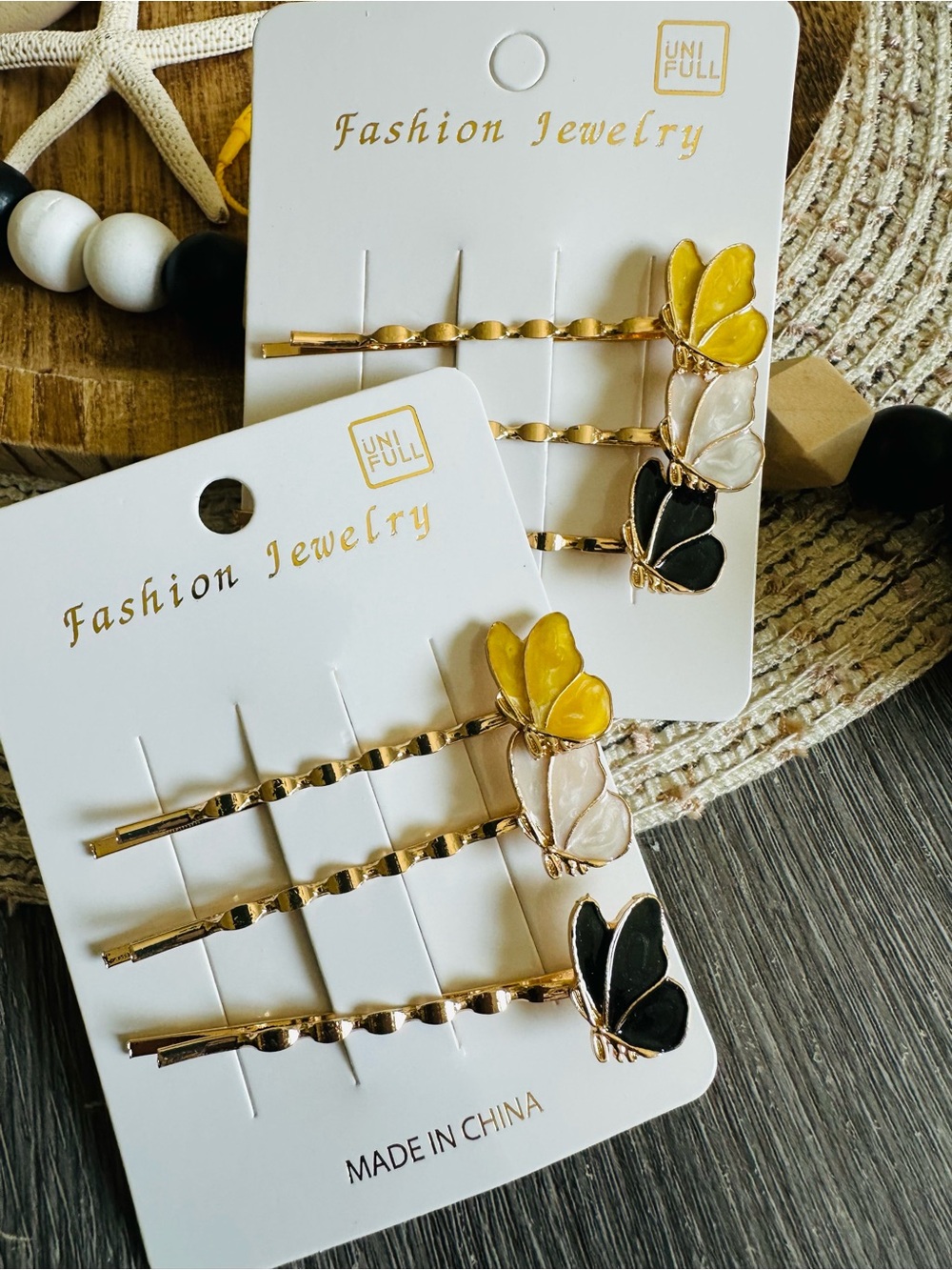 Yellow, Cream & Black Butterfly Hair Pins -Pack of 2 Set! Set of 3 on each card
